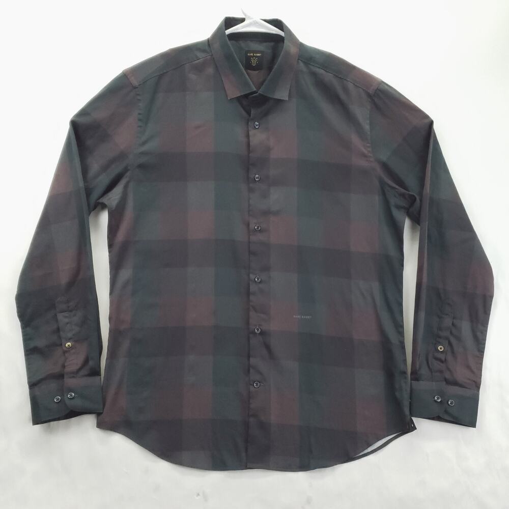 Rare Rabbit Shirt Mens Large Green Black Plaid Solebay Long Sleeve Button-Up